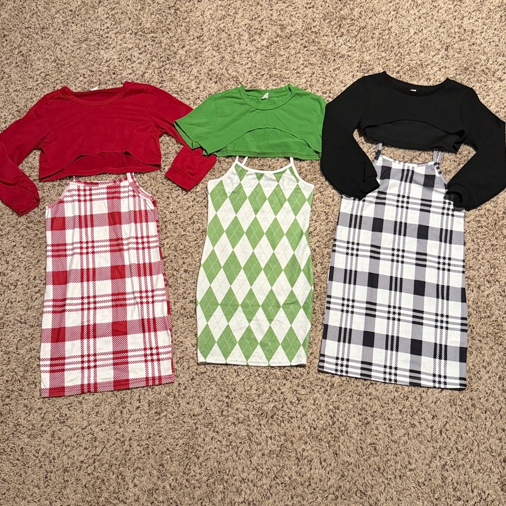 Girls size 7/8 bundle of 1 argyle print and 2 plaid print dresses with overlays